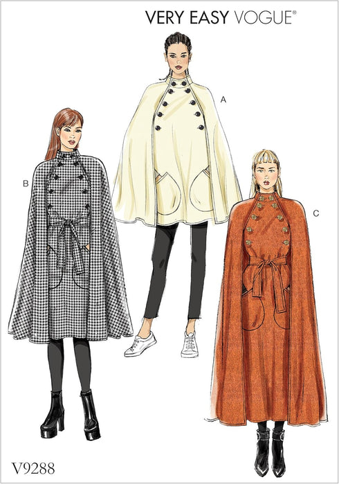 Vogue V9288 Easy to Sew Women's Collared Cape with Belt Sewing Pattern, Sizes L-XXL...