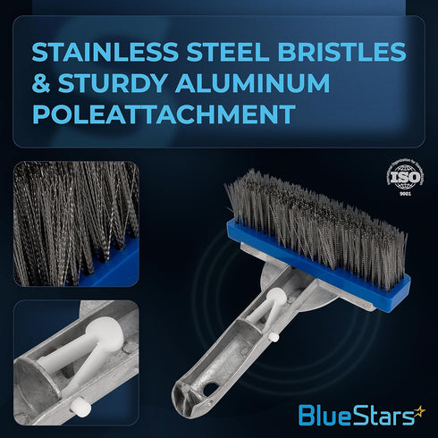 BlueStars Heavy Duty 5in Swimming Pool Brush with Stainless Steel Bristle Wire and Aluminium Handle 5" - Suitable for Tackling Stubborn Stains on ...