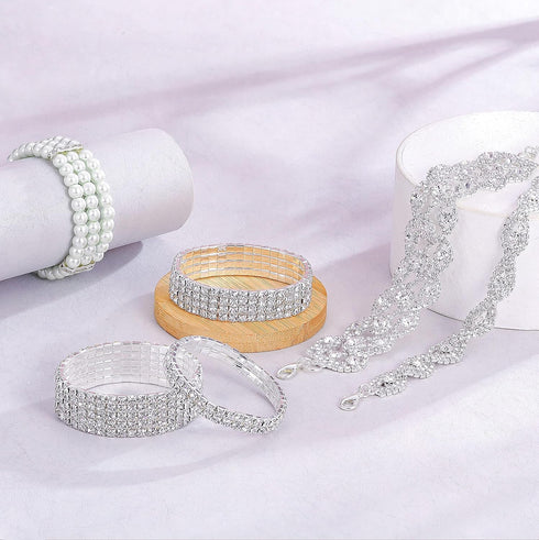 EIELO 6 Pcs Rhinestone Stretch Bracelet for Women Sparkly Clear Crystal Wedding Bridal Bridesmaid Stretch Bracelet Jewelry Stackable Elastic Pearl...