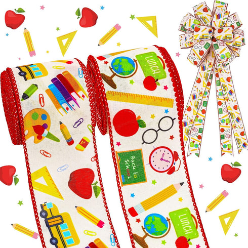 20 Yards Back to School Wired Edge Ribbons School Themed Decorative Fabric Ribbon School Supplies Pattern Wrapping Ribbon for DIY Crafts Bow Wreat...