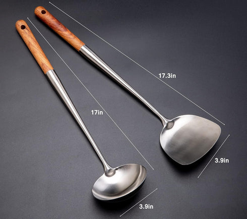 FJNATINH Wok Spatula and Ladle Tool Set, 17inches Spatula for Wok, 304 Stainless Steel Spatula Soup Ladle...
