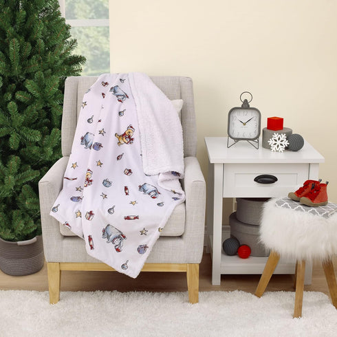 Disney Winnie The Pooh and Eeyore White Christmas Holiday Presents Super Soft Sherpa Baby Blanket...