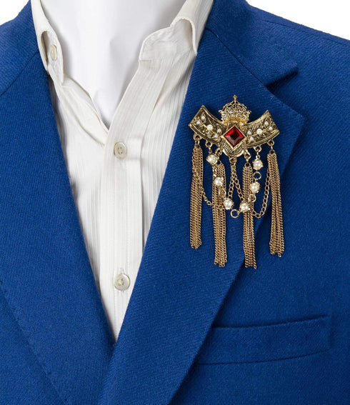 Knighthood Brooch Pin Maroon Crowned Stone with Hanging Chains and Pearl Brooch Suit Stud Lapel Pin...