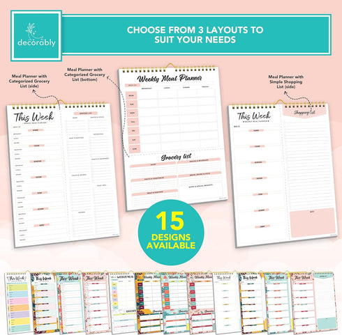 Decorably Weekly Meal Planner with Grocery List Detailed - Meal Prep List - 52 Easy Tear-Off Sheets Refrigerator Meal Planner, 8.5x11in Spring-Bou...