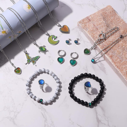 LOLIAS 15Pcs Mood Rings with Mood Necklaces Bracelets and Earrings, Adjustable Temperature Sensing Color Changing Mood Rings, Metal, No Gemstone...