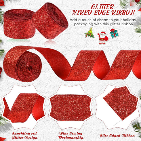 Yinder 4 Roll 40 Yards Red Valentines Ribbon Wired Glitter Metallic Wired Ribbon Thick Ribbon Tree Ribbon Gift Wrapping Ribbon for DIY Crafts Xmas...