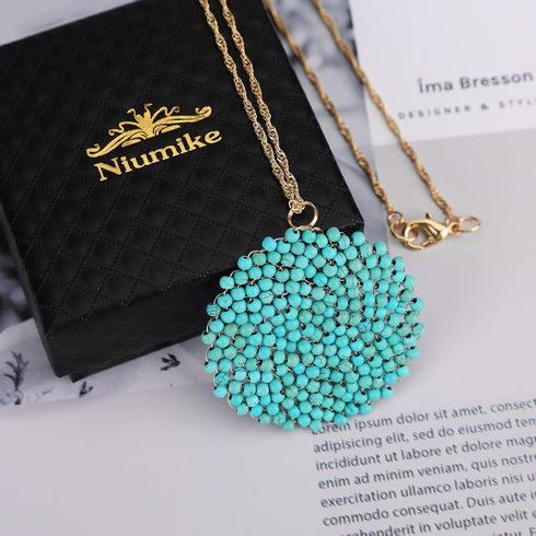 Niumike Handmade Crystal Circle Pendant Necklace for Women Disc Long Statement Necklaces with Box...