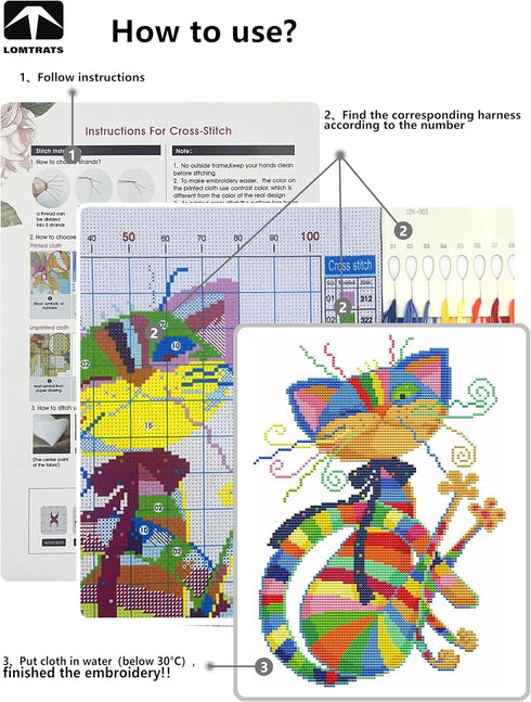 LOMTRATS Easy Cross Stitch Kits Seven Color Fox 11CT Stamped Embroidery Starter Kit DIY Needlework Craft Cat (32x43cm)......