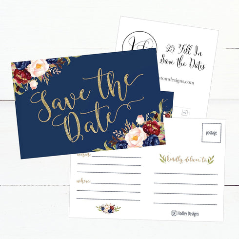 Hadley Designs 25 Navy Floral Save The Date Cards For Wedding, Engagement, Anniversary, Baby Shower, Birthday Party, Flower Save The Dates Postcar...
