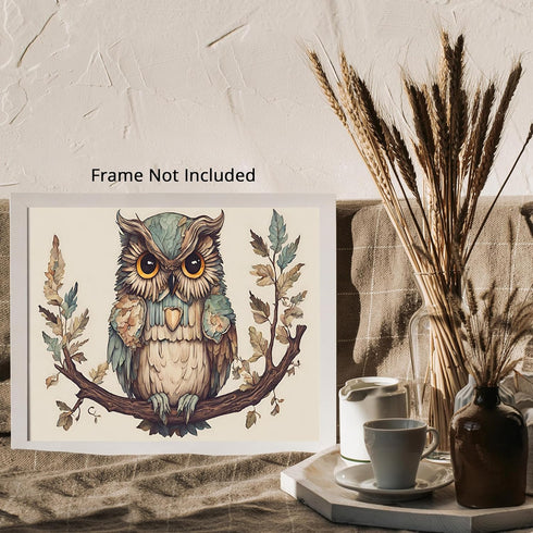 Posterizer 1 pcs- Cute blue and white owl sitting on a tree-Art for Animal Lovers-Floral Botanical Art- Gift for Men Women Teens-Decor for Home &...