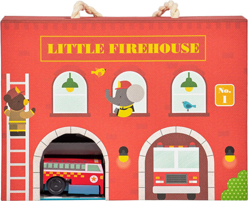 Petit Collage Wind Up Toy Playset, Little Firehouse – Wooden Toddler Toy Set with Wind-Up Fire Truck, Track Pieces, and Pop-Out Play Pieces – Acti...