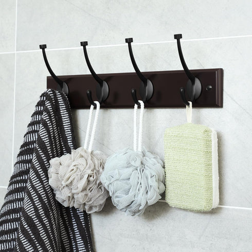 SONGMICS Wooden Wall Mounted Coat Rack 16 Inch Rail with 4 Metal Hooks for Entryway Bathroom Closet Room Dark Brown...