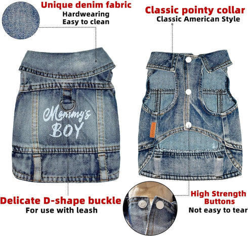 Dog Jeans Jacket Mommy's Boy Denim Pet Coat for Puppy Small Dogs Classic Overalls Male Cat Costumes Washed Vest Clothes Outfit T-Shirts Chihuahua,...