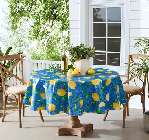 Newbridge Round Vinyl Tablecloth, 70 Inch, Mediterranean Zest Vinyl Flannel Backed Table Cloth, Lemon Print...