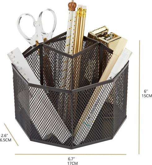 Annova Mesh Desk Organizer Rotate with 5 Compartments Spinning Tidy Candy/Pen Holder Office, Art Supply, Storage, Classroom, Home (Black)...