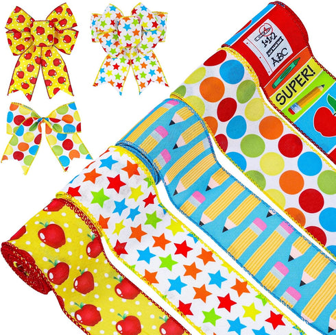 Whaline 30 Yards Back to School Wired Edge Ribbons School Themed Decorative Fabric Ribbon School Supplies Apple Stars Dots Wrapping Ribbon for DIY...