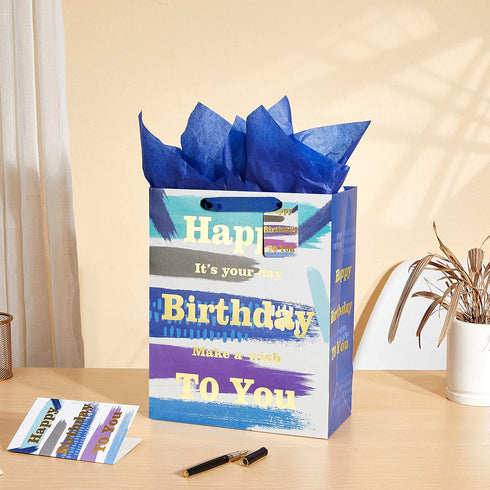 13" Large Happy Birthday Gift Bag with Card and Tissue Paper (Blue)...