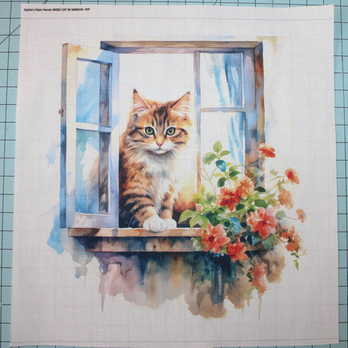 Fabric Panel 8"x8" Kitten in Window 100% Cotton Quilting Panel Square AM302...