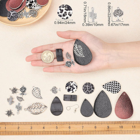SUNNYCLUE 84Pcs DIY 10 Pairs Tree of Life Charms Faux Leather Teardrop Round Charm Black Red Stamping Faux Leather Earring Making Starter Kit Leaf...