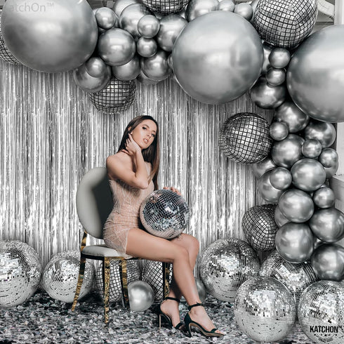 KatchOn, XtraLarge Silver Backdrop Curtain - 3.2x8 Feet, Pack of 2 | Silver Streamers Backdrop for Disco Party Decorations | Fringe Curtains for E...