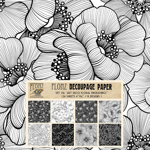 Decoupage Paper Pack (24 Sheets 6"x6") Art Deco Floral Engravings # Vintage Styled Pattern Paper for Decoupage, Craft and Scrapbooking...