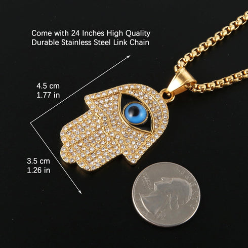HZMAN 18k Gold Plated Iced Out CZ Stainless Steel Blue Evil Eye Beads Fatima Hamsa Hand Pendant Necklace...