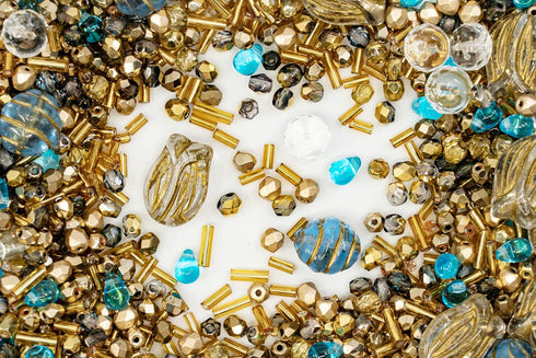 2.1oz (60 g) Mix of Unique Czech Bohemia Glass Pressed Beads, Rocailles, Aztec Pale Gold Crystal, Matte and Glossy, Hand Made BCV...