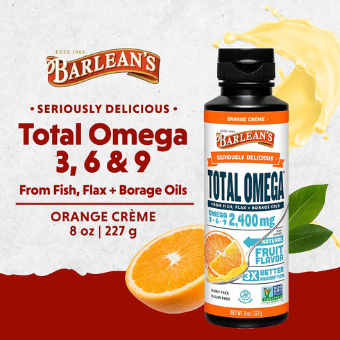 Barlean's Total Omega 3 6 9 Orange Crème Liquid Fish Oil Supplement with Borage and Flaxseed Oil, 2,400 mg of Omegas EPA and DHA Plus GLA for Join...