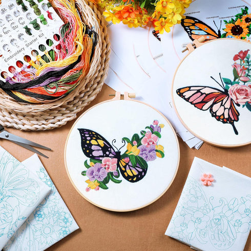 Yinder 5 Sets Embroidery Beginners Kit with Butterfly Flower Patterns and Instructions Cross Stitch Kits for Starter DIY Adult Kids Butterfly Patt...