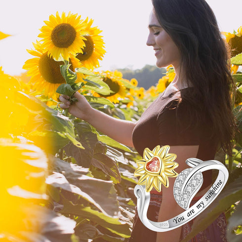 BEILIN You Are My Sunshine Sunflower Ring for Women S925 Sterling Silver I Love You Forever Promise CZ Heart Ring Adjustable Wrap Open Ring...