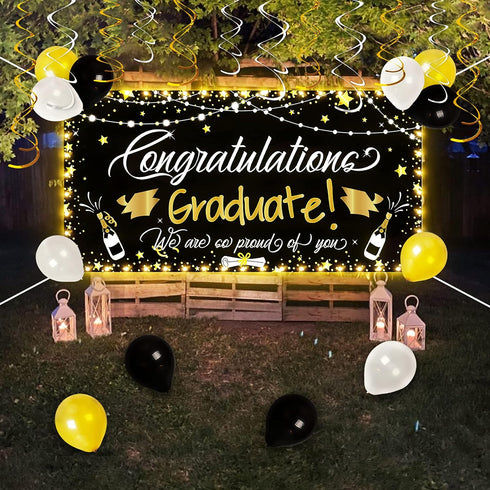 90shine Graduation Decorations Class of 2025 - Lighted Large Congrats Grad Banner Garland Photo Backdrop+Balloons+Hanging Swirls Party Supplies (2...