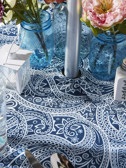 DII Paisley Outdoor Tabletop Collection, Water Resistant, Tablecloth, 60" (Round), Blue...