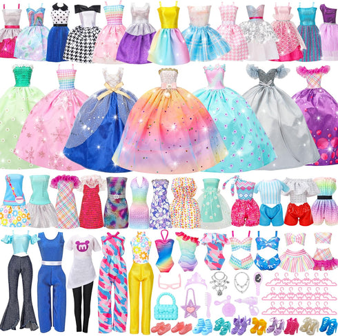 52 Pcs Doll Clothes and Accessories,2 Wedding Gowns 6 Fashion Dresses 2 Set Casual Outfits Top and Pant 2 Swimsuit,20 Hanger 10 Shoe 10 Accessorie...