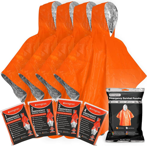 aZengear Emergency Survival Poncho (4pc) Thermal Mylar Foil Coating Blanket for Heat Retention and Rain | Reversible with Hood | Waterproof, Windp...