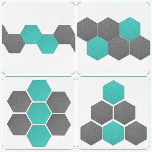 Navaris Hexagon Felt Board Tiles - Set of 12 Notice Memo Bulletin Boards with Push Pins and Double-Sided Tape 5.9" x 6.7" - Dark Gray, Turquoise...