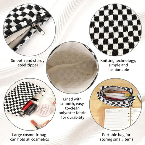 2Pcs Makeup Bag For Women - Large Checkered Knitted Cosmetic Bags&Small Makeup Pouch Aesthetic Design Travel Toiletry Bag Skincare Bag Car Storage...