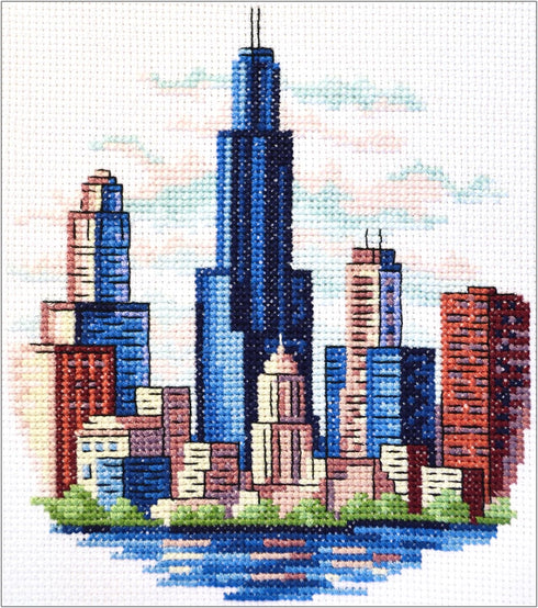 Povitrulya Counted Cross Stitch Kit for Adults “Chicago” - Chi-Town Cityscape Hand Embroidery Set with Pattern, 14-Count Aida Cloth and Pre-Sorted...