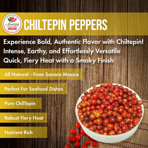 Dried Chiltepin Peppers (Chile Tepin) – 2oz Bag - Great For Use with Seafood, Sauces, Stews, Salsa, Meats. Very Hot with a Smoky Flavor. Air Tight...