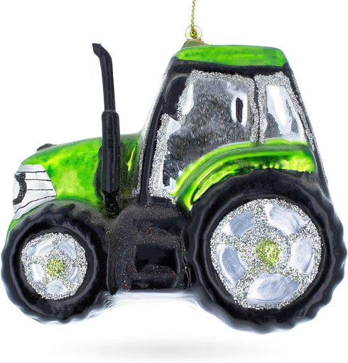 Rustic Green Tractor Blown Glass Christmas Ornament...