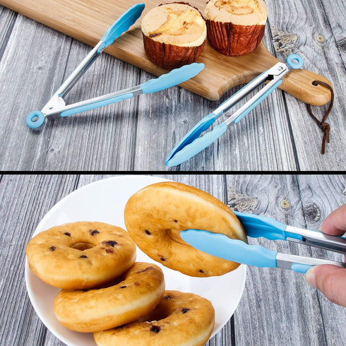 MSY BIGSUNNY Kitchen Food Tongs - 7" Mini Silicone Serving Tongs - Set of 3 (Blue)...