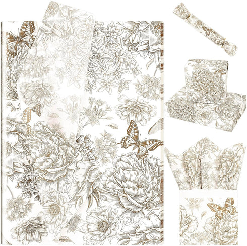 Bolsome 100 Sheets 20 * 14 Inches Vintage Floral Printed Tissue Paper Coffee Gold Peony Butterfly Printed Gift Wrapping Tissue Paper Peonies, Hydr...