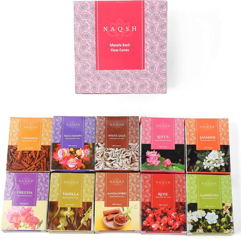 Premium Masala Back Flow Cones- NAQSH Masala Back Flow Natural Incense Cones Assorted 10 Fragrances with 8 Cones Each...