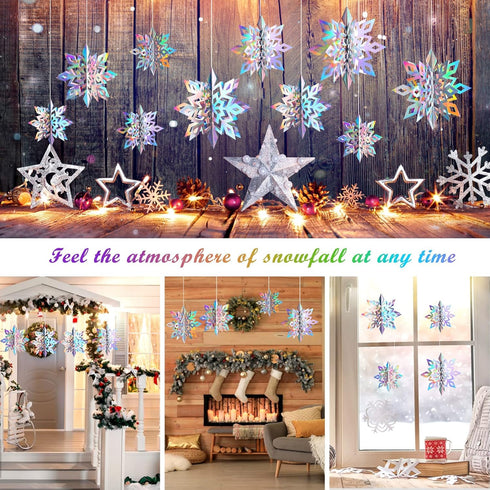 JULMELON 15Pcs Frozen 3D Hanging Snowflakes Decorations, Holographic Snowflakes Garland Silver Snowflakes for Winter Wonderland Decorations Frozen...