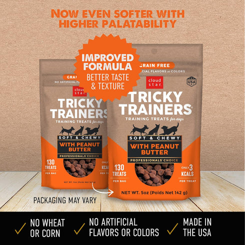 Cloud Star Tricky Trainers Soft & Chewy Dog Training Treats 5 oz Pouch, Peanut Butter Flavor, Grain-Free Low Calorie Behavior Aid with 130 treats...