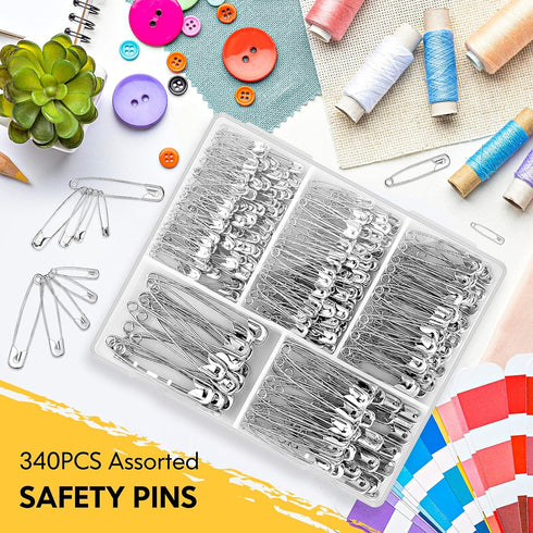 Huhuhero 340 Pack Safety Pins Assorted, Small and Large Safety Pins for Clothes Costume, 5 Different Sizes Nickel Plated Steel Pin Bulk, Sewing Cr...