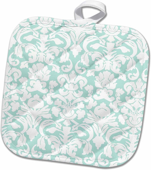 3D Rose Mint White Damask-Fancy Pastel Blue Green-Light Aqua Teal Turquoise-French Floral Pot Holder, 8 x 8...