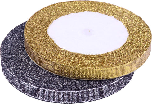 YAKA 3/8 inch 50 Yards Ribbon Shimmer Sheer Organza Ribbon for Craft Bow Party Decoration Packing Ribbons 2 Rolls (Black and Gold, 3/8 inch(10mm))...