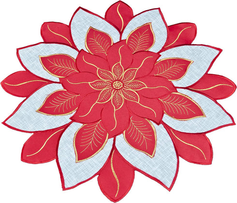 Embroidered Holiday Christmas Red White and Gold Star Poinsettia Doily Placemat Small Table Topper Doily (24 Inch Round)...