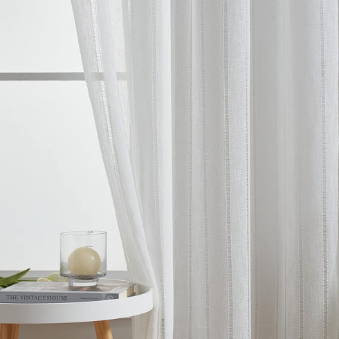 Home Brilliant Striped White Sheer Curtains 84 Inches Long Lace Voile Window Treatment Living Room Bedroom Curtains, 2 Panels, 54" X 84 Inch Lengt...