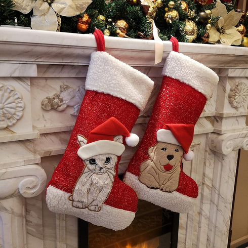 WEWILL 20'' Cute Cat Christmas Stockings Embroidered Xmas Socks Holiday Party Pet Theme Gift for Kitty...
